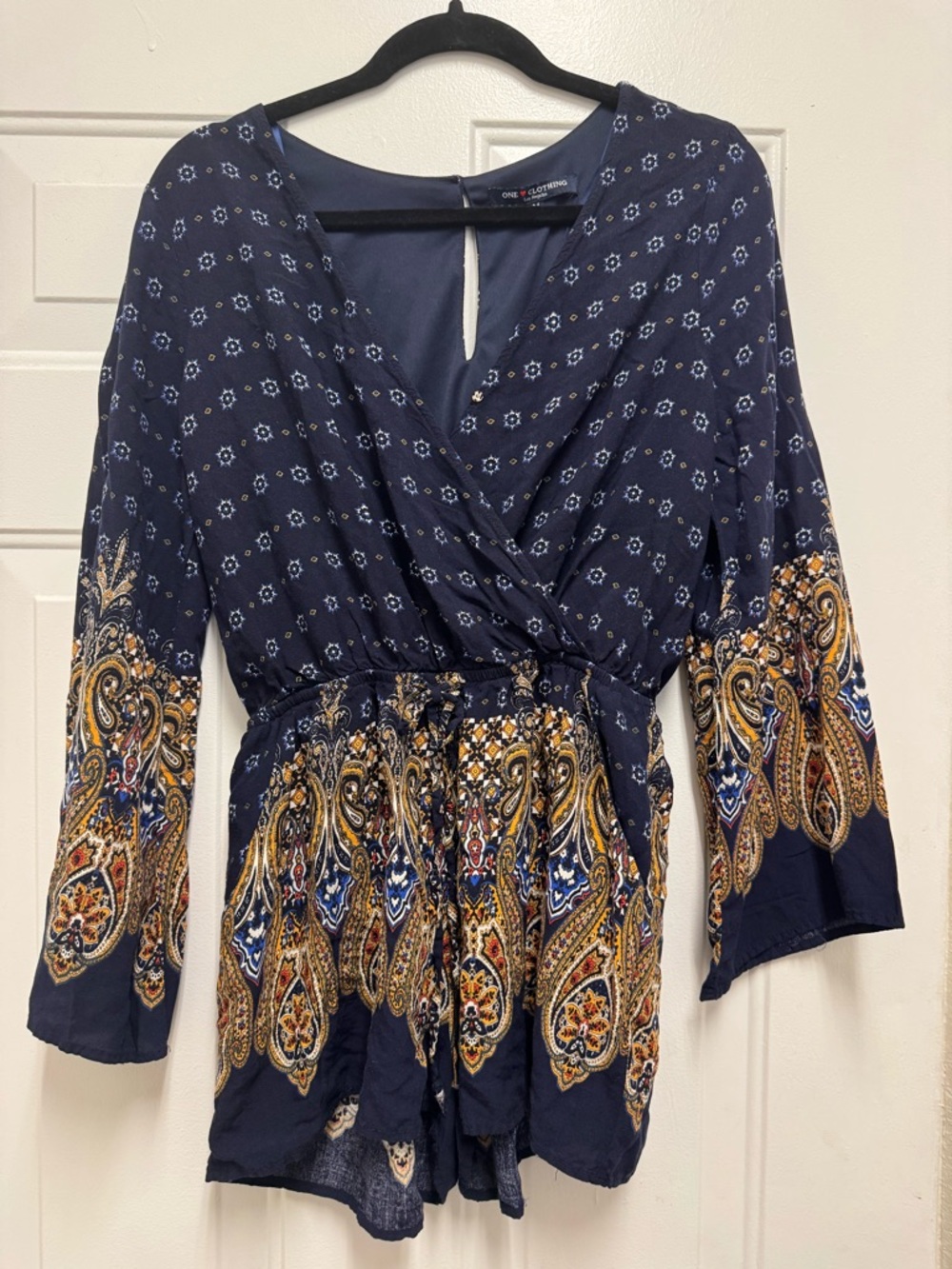 one clothing Navy Romper with Gold & Blue Paisley Accents